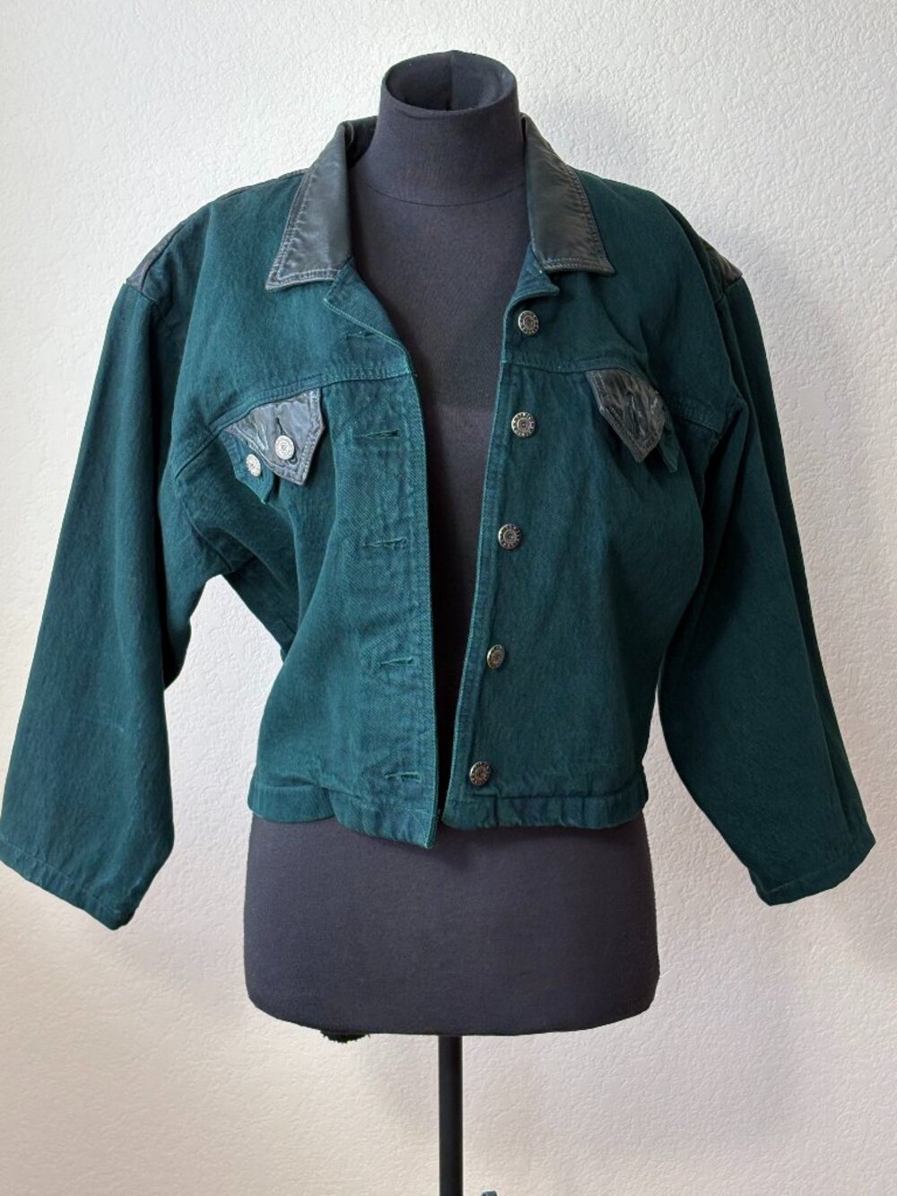 Ethics Green Denim Genuine Leather Trim Cropped Western Jacket